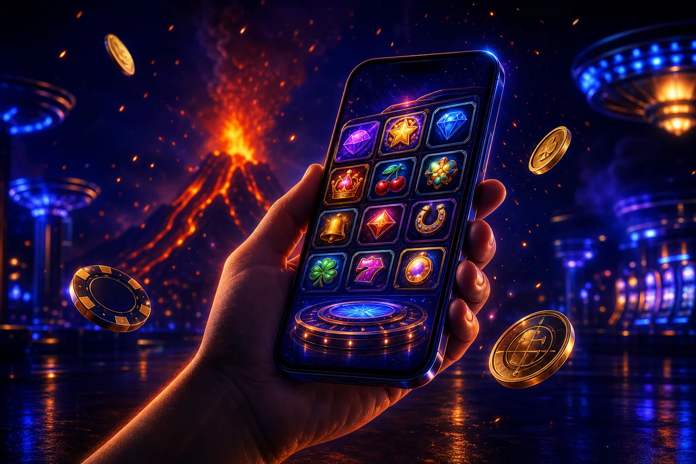 Smartfon z lobby kasyna Vulkan Vegas w dłoni gracza